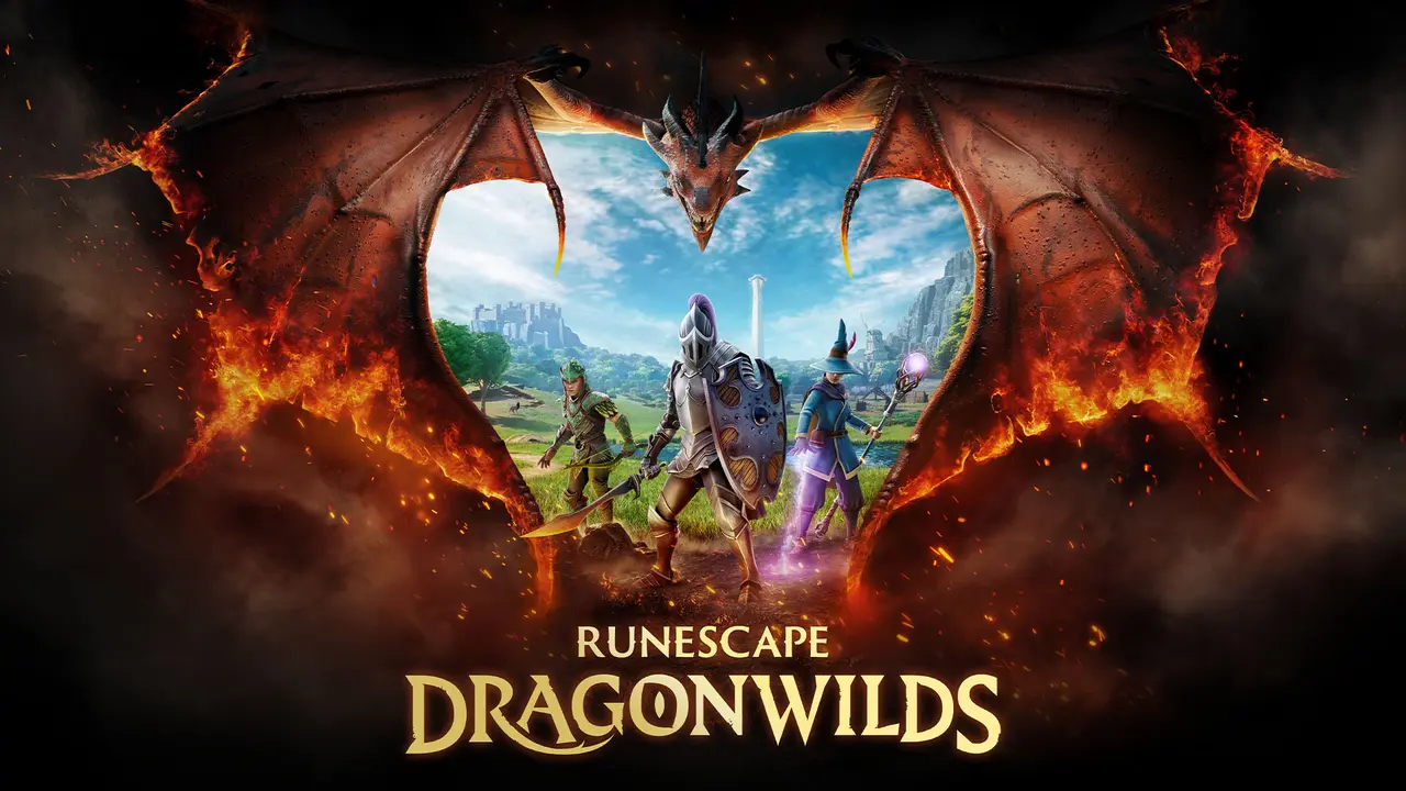 RuneScape: Dragonwilds artwork showing three adventurers beneath a dragon with the game logo